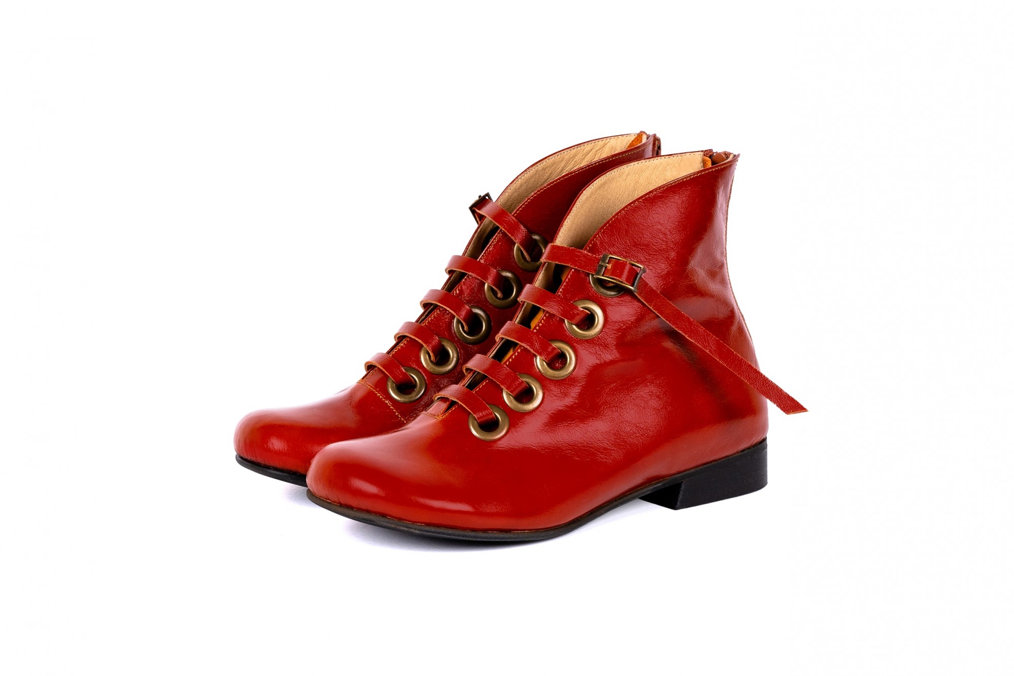 red leather flat boots